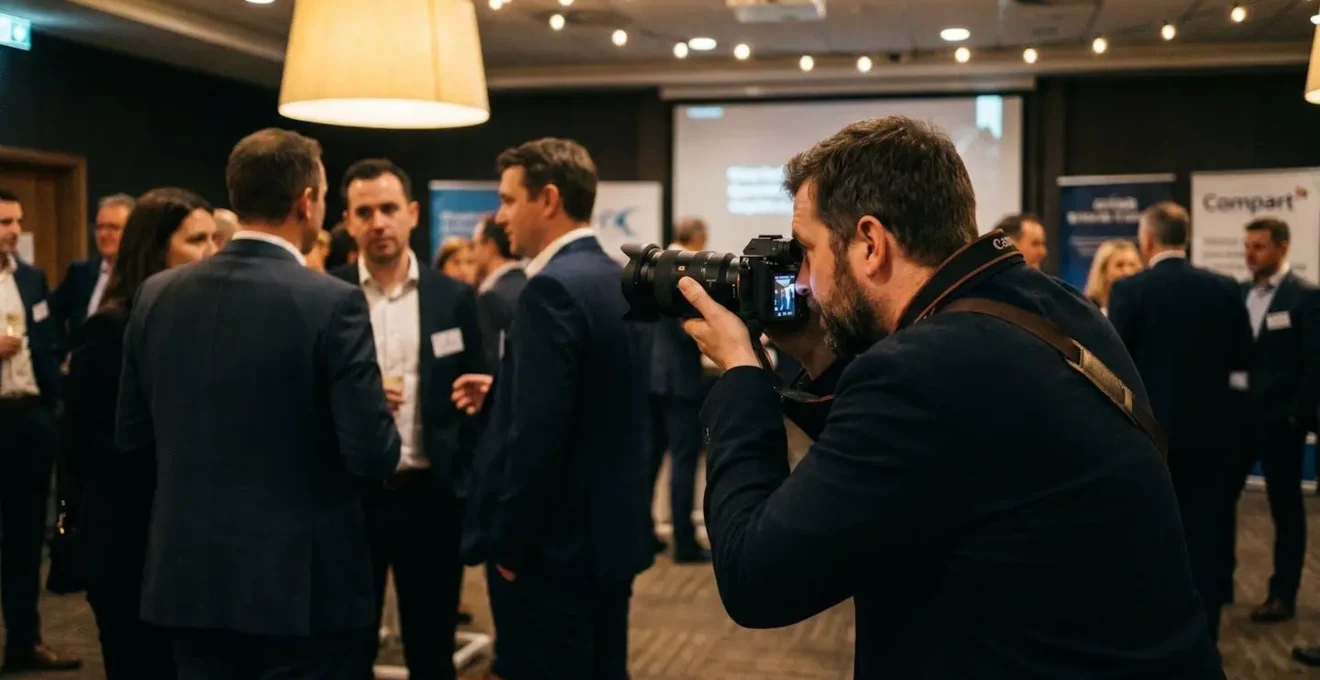 Photographe en action lors d'un événement professionnel en basse lumière avec boîtier hybride